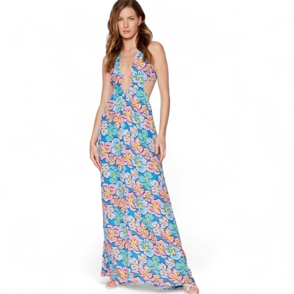 For Love & Lemons Floral Bamboo Maxi Dress Size Medium Pastel Floral Open Back